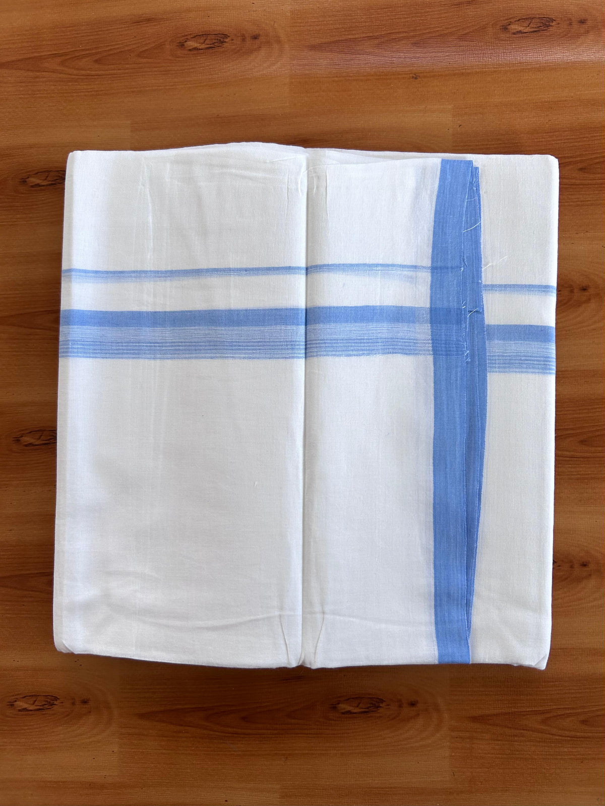 Double Pure White Mundu/Dhoti - 20% Discount !! KaithariKada 100% Cotton - (60S) - 1 inch Light Blue Shaded Striped Kara 3.75 mtr (8 muzham) - 13 KK5506 CKS