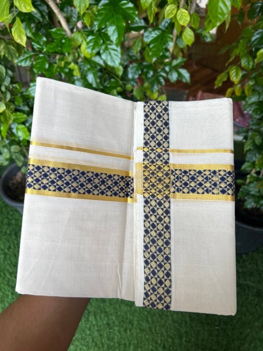 25% DISCOUNT ! KaithariKada HANDLOOM Unakkupaav Balaramapuram - 100% PURE Cotton OFF WHITE - (Unbleached) Double Mundu/Dhoti - 80x90 - 1.75 inch Gold Kasavu & Navy blue Jacquard Design Kara 4 mtr (8.5 Muzham) - 4KK5231 ABH