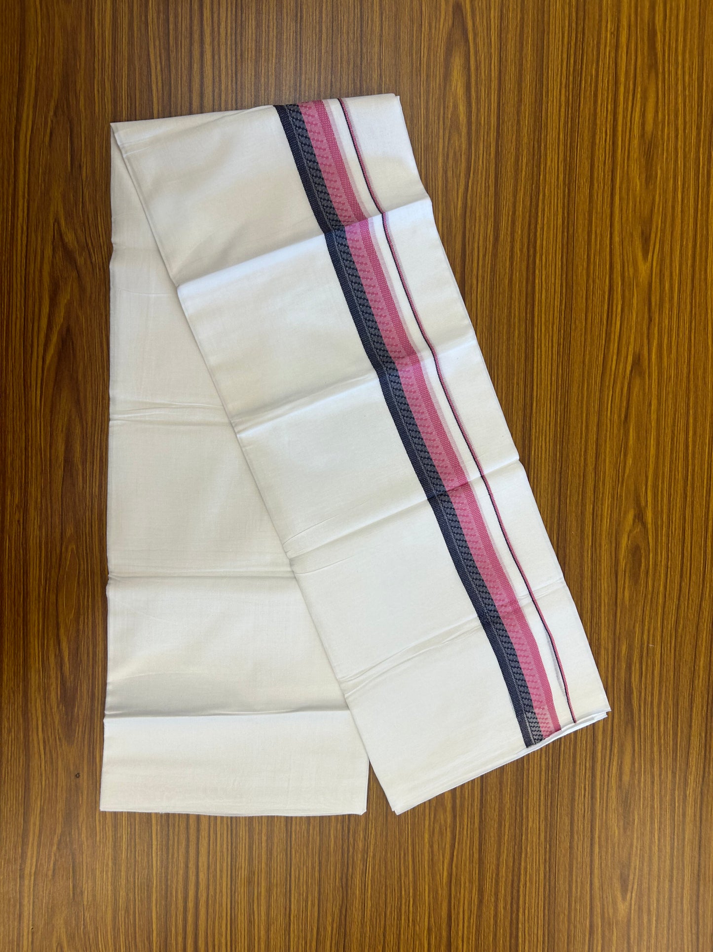 20% Discount ! Kaitharikada Balaramapuram 100% Cotton Pure White Double Mundu/Dothi - 100x80 - 1.5 inch Navy Blue & Pink Design Kara 3.80 mtr (8 muzham) - 32 KK5359 THI