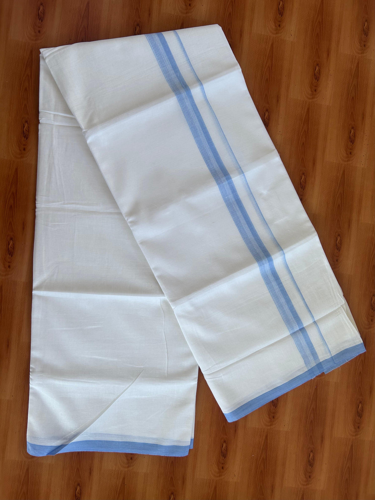 Double Pure White Mundu/Dhoti - 20% Discount !! KaithariKada 100% Cotton - (60S) - 1 inch Light Blue Shaded Striped Kara 3.75 mtr (8 muzham) - 13 KK5506 CKS