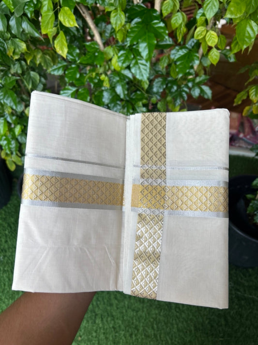25% DISCOUNT ! KaithariKada HANDLOOM Unakkupaav Balaramapuram - 100% PURE Cotton OFF WHITE - (Unbleached) Double Mundu/Dhoti - 80x90 - 1.75 inch Gold Kasavu & Silver Jacquard Design Kara 3.80 meter (8 Muzham) - 11KK5231 ABH