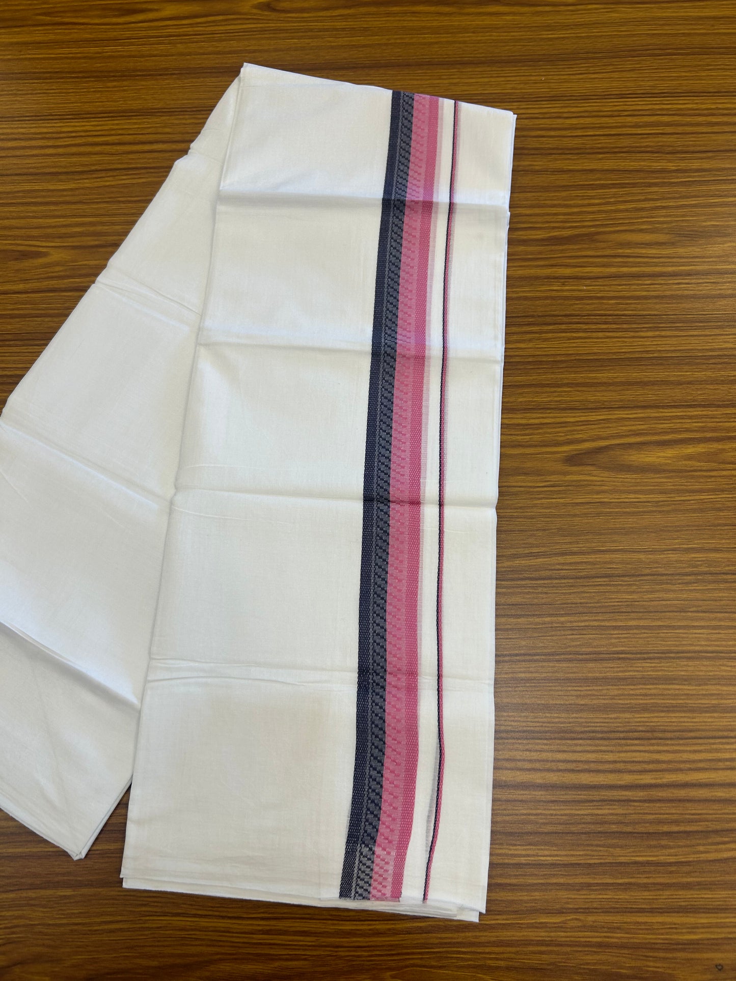 20% Discount ! Kaitharikada Balaramapuram 100% Cotton Pure White Double Mundu/Dothi - 100x80 - 1.5 inch Navy Blue & Pink Design Kara 3.80 mtr (8 muzham) - 32 KK5359 THI
