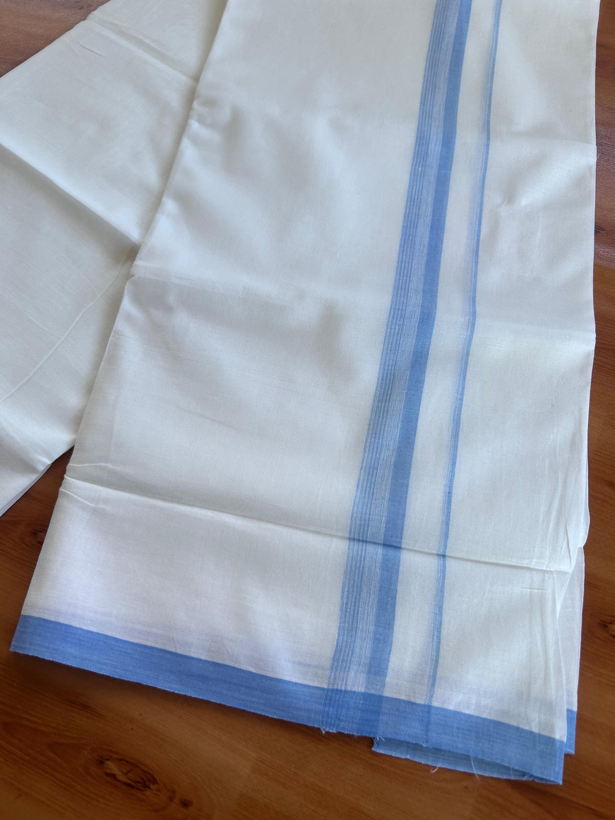 Double Pure White Mundu/Dhoti - 20% Discount !! KaithariKada 100% Cotton - (60S) - 1 inch Light Blue Shaded Striped Kara 3.75 mtr (8 muzham) - 13 KK5506 CKS