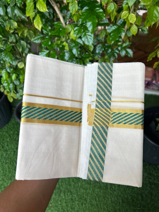 25% DISCOUNT ! KaithariKada HANDLOOM Unakkupaav Balaramapuram - 100% PURE Cotton OFF WHITE - (Unbleached) Double Mundu/Dhoti - 80x90 - 1.5 inch Gold Kasavu & Green Jacquard Design Kara 4 mtr (8.5 Muzham) - 6KK5231 ABH