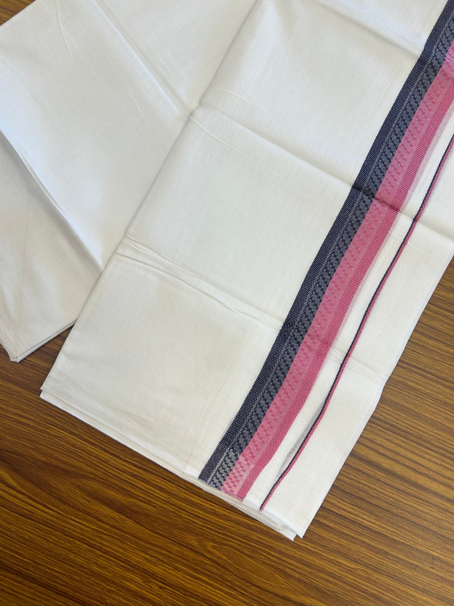 20% Discount ! Kaitharikada Balaramapuram 100% Cotton Pure White Double Mundu/Dothi - 100x80 - 1.5 inch Navy Blue & Pink Design Kara 3.80 mtr (8 muzham) - 32 KK5359 THI