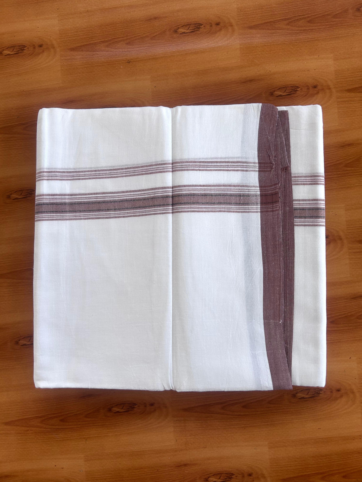 Double Pure White Mundu/Dhoti - 20% Discount !! KaithariKada 100% Cotton - (60S) - 1 inch Black & Brown Shaded Striped Kara 3.75 mtr (8 muzham) - 15 KK5506 CKS