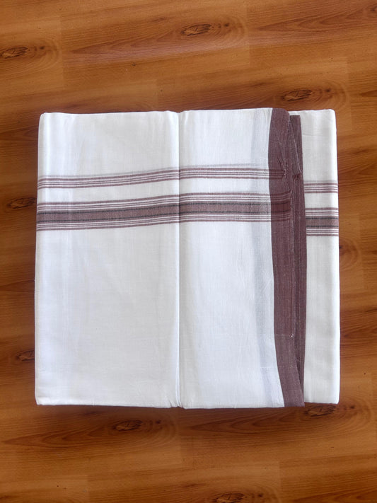Double Pure White Mundu/Dhoti - 20% Discount !! KaithariKada 100% Cotton - (60S) - 1 inch Black & Brown Shaded Striped Kara 3.75 mtr (8 muzham) - 15 KK5506 CKS