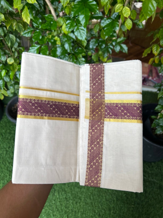 25% DISCOUNT ! KaithariKada HANDLOOM Unakkupaav Balaramapuram - 100% PURE Cotton OFF WHITE - (Unbleached) Double Mundu/Dhoti - 80x90 - 1.75 inch Gold Kasavu & Wine Purple Jacquard Design Kara 4 mtr (8.5 Muzham) - 5KK5231 ABH