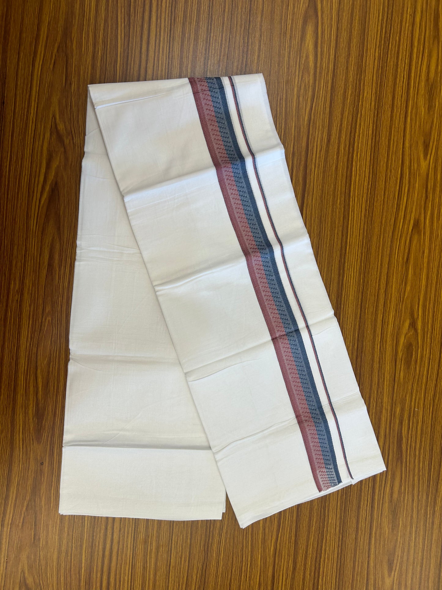 20% Discount ! Kaitharikada Balaramapuram 100% Cotton Pure White Double Mundu/Dothi - 100x80 - 1.5 inch Dark Blue & velvet Maroon Design Kara 3.80 mtr (8 muzham) - 30 KK5359 THI