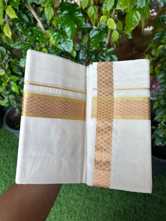 25% DISCOUNT ! KaithariKada HANDLOOM Unakkupaav Balaramapuram - 100% PURE Cotton OFF WHITE - (Unbleached) Double Mundu/Dhoti - 80x90 - 1.75 inch Gold Kasavu & Copper Jacquard Design Kara 4 mtr (8.5 Muzham) - 14KK5231 ABH