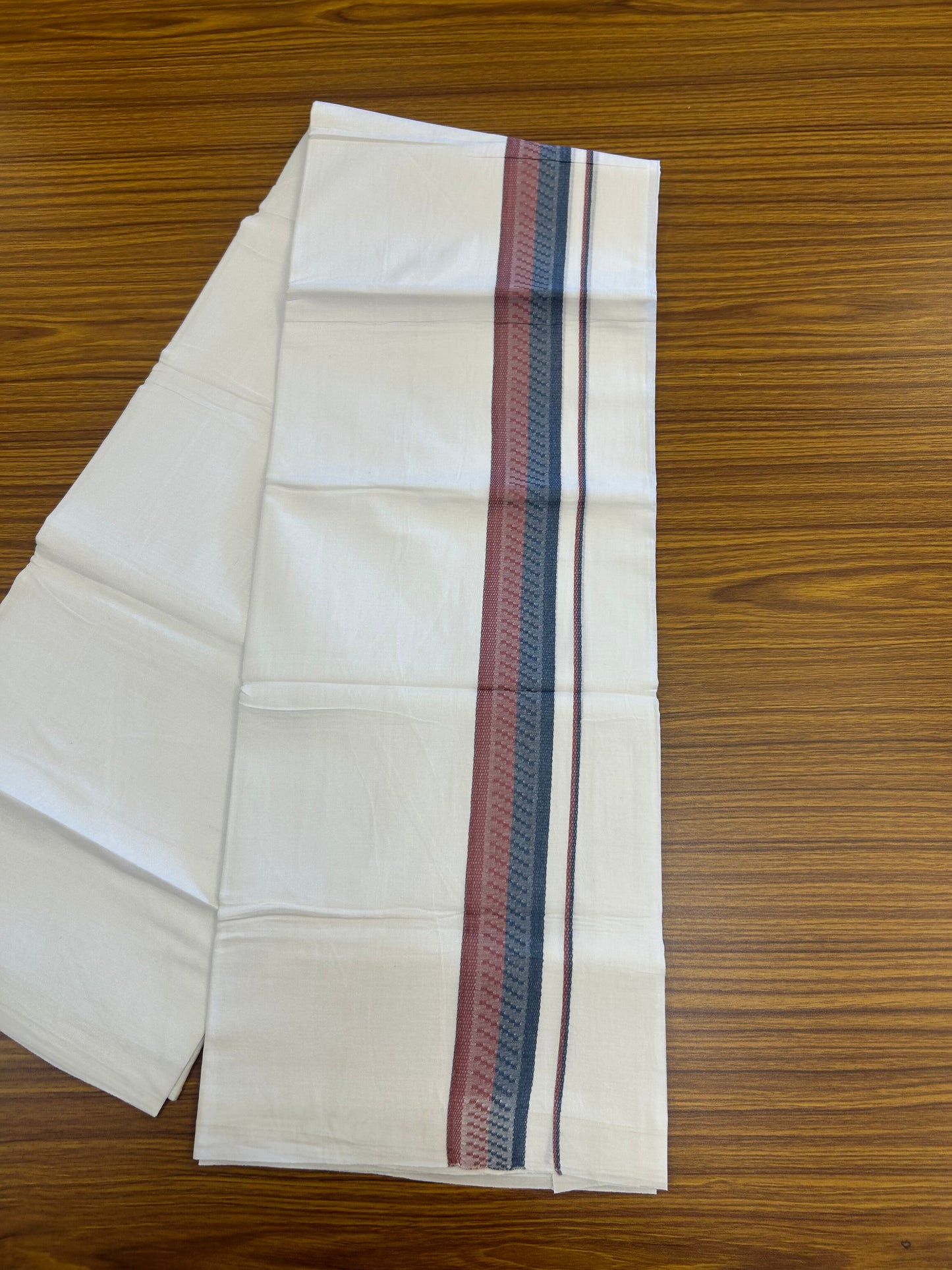 20% Discount ! Kaitharikada Balaramapuram 100% Cotton Pure White Double Mundu/Dothi - 100x80 - 1.5 inch Dark Blue & velvet Maroon Design Kara 3.80 mtr (8 muzham) - 30 KK5359 THI