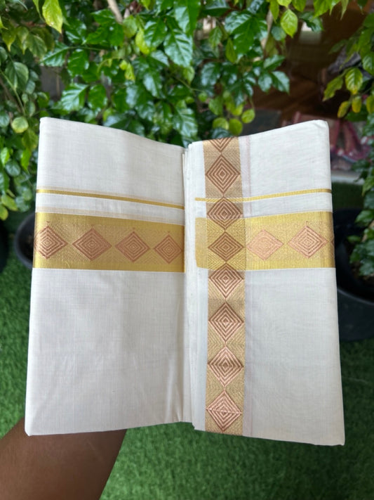 25% DISCOUNT ! KaithariKada HANDLOOM Unakkupaav Balaramapuram - 100% PURE Cotton OFF WHITE - (Unbleached) Double Mundu/Dhoti - 80x90 -  1.75 inch Gold Kasavu & Copper Jacquard Design Kara  4 mtr (8.5 Muzham) - 12KK5231 ABH