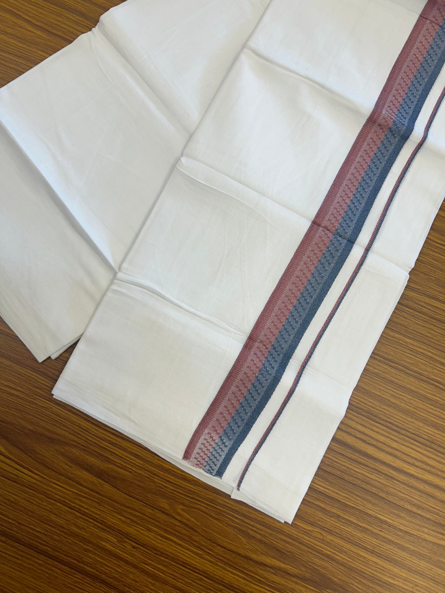 20% Discount ! Kaitharikada Balaramapuram 100% Cotton Pure White Double Mundu/Dothi - 100x80 - 1.5 inch Dark Blue & velvet Maroon Design Kara 3.80 mtr (8 muzham) - 30 KK5359 THI
