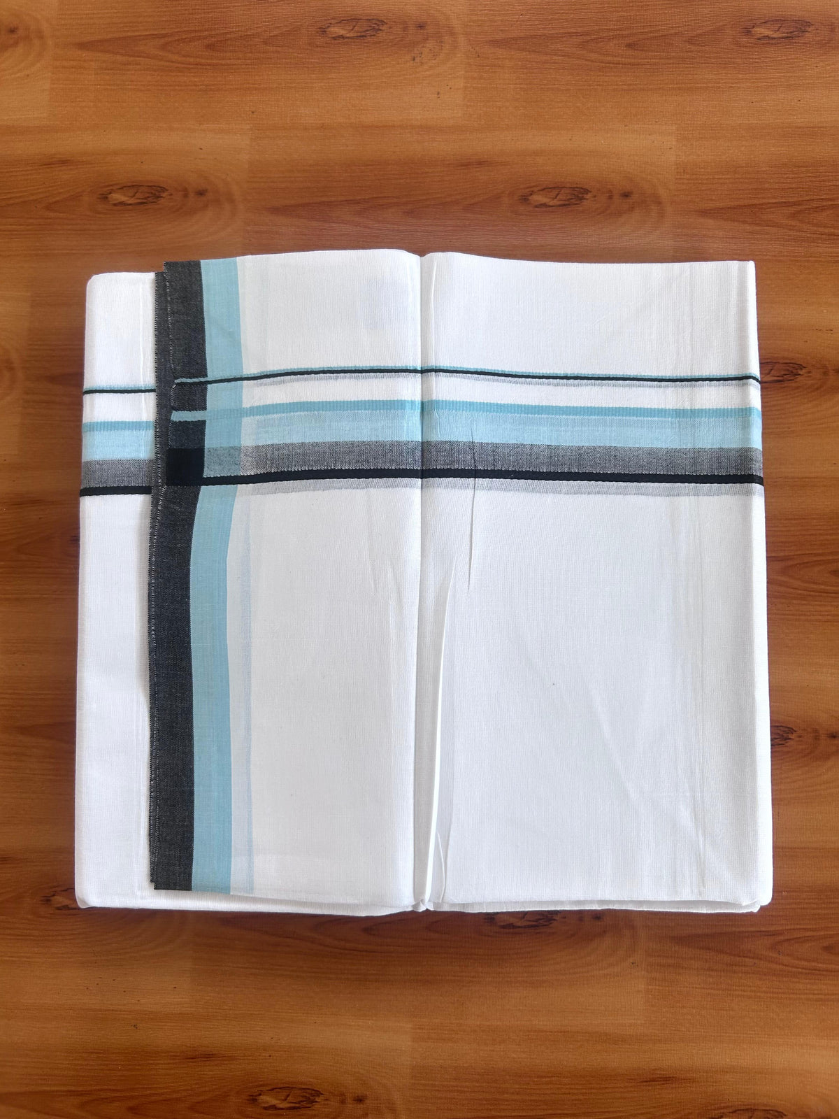Double Pure White Mundu/Dhoti - 20% Discount !! KaithariKada 100% Cotton - (60S) - 1.25 inch Turquoise blue & Black Shaded Kara 3.75 mtr (8 muzham) - 3 KK5506 CKS