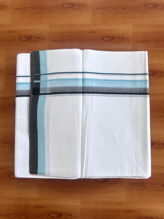 Double Pure White Mundu/Dhoti - 20% Discount !! KaithariKada 100% Cotton - (60S) - 1.25 inch Turquoise blue & Black Shaded Kara 3.75 mtr (8 muzham) - 3 KK5506 CKS