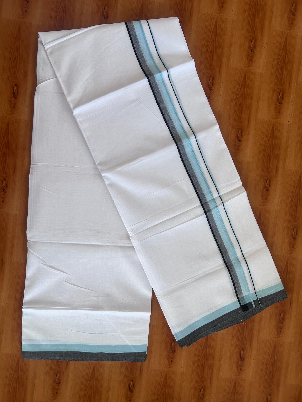 Double Pure White Mundu/Dhoti - 20% Discount !! KaithariKada 100% Cotton - (60S) - 1.25 inch Turquoise blue & Black Shaded Kara 3.75 mtr (8 muzham) - 3 KK5506 CKS