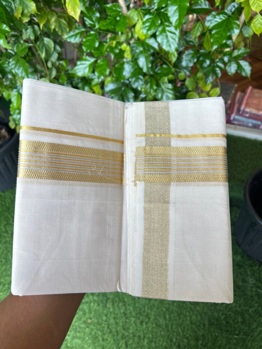 25% DISCOUNT ! KaithariKada HANDLOOM Unakkupaav Balaramapuram - 100% PURE Cotton OFF WHITE - (Unbleached) Double Mundu/Dhoti - 80x90 - 1.75 inch Gold Kasavu & Silver Stripes Jacquard Design Kara 4 mtr (8.5 Muzham) - 8KK5231 ABH