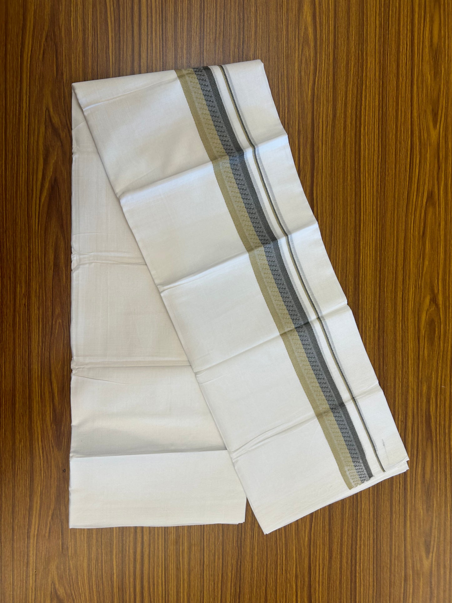 20% Discount ! Kaitharikada Balaramapuram 100% Cotton Pure White Double Mundu/Dothi - 100x80 - 1.5 inch Khaki & Ash Grey Design Kara 3.80 mtr (8 muzham) - 21 KK5359 THI