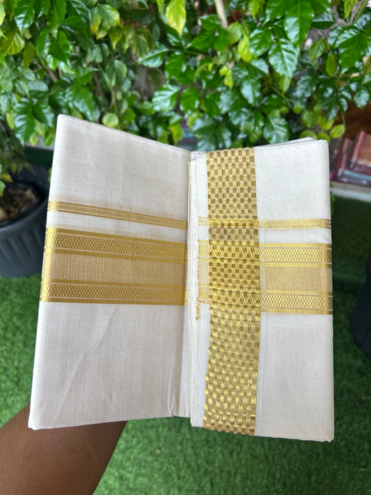 25% DISCOUNT ! KaithariKada HANDLOOM Unakkupaav Balaramapuram - 100% PURE Cotton OFF WHITE - (Unbleached) Double Mundu/Dhoti - 80x90 - 2.25 inch Gold Kasavu Jacquard Design Kara 4 mtr (8.5 Muzham) - 7KK5231 ABH