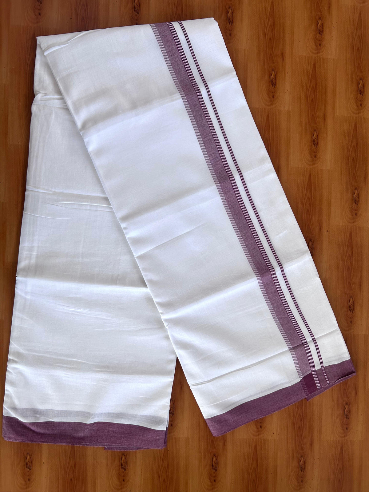 Double Pure White Mundu/Dhoti - 20% Discount !! KaithariKada 100% Cotton - (60S) - 1 inch Dusty Rose Shaded Striped Kara 3.75 mtr (8 muzham) - 16 KK5506 CKS