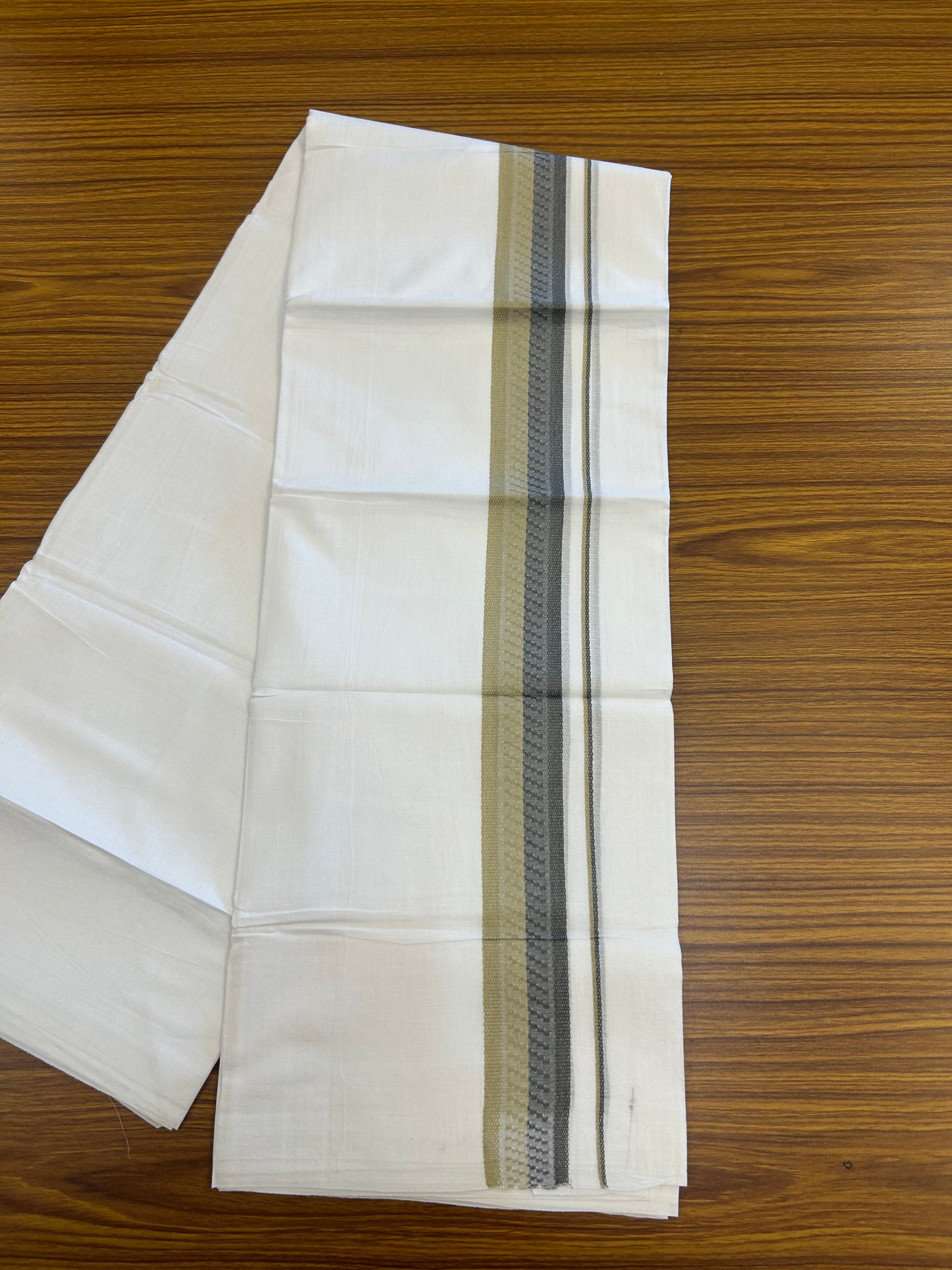 20% Discount ! Kaitharikada Balaramapuram 100% Cotton Pure White Double Mundu/Dothi - 100x80 - 1.5 inch Khaki & Ash Grey Design Kara 3.80 mtr (8 muzham) - 21 KK5359 THI
