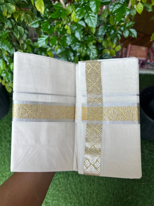 25% DISCOUNT ! KaithariKada HANDLOOM Unakkupaav Balaramapuram - 100% PURE Cotton OFF WHITE - (Unbleached) Double Mundu/Dhoti - 80x90 -  1.5 inch Gold Kasavu & Silver Jacquard Design Kara 3.80 meter (8 Muzham) - 10KK5231 ABH