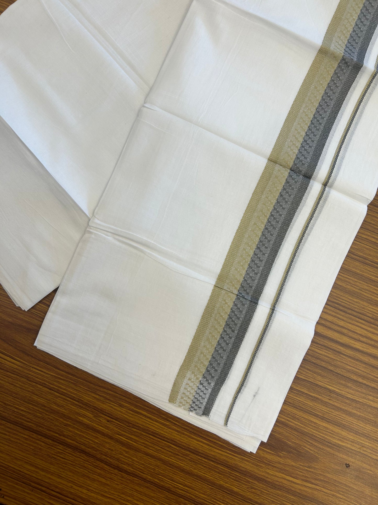 20% Discount ! Kaitharikada Balaramapuram 100% Cotton Pure White Double Mundu/Dothi - 100x80 - 1.5 inch Khaki & Ash Grey Design Kara 3.80 mtr (8 muzham) - 21 KK5359 THI