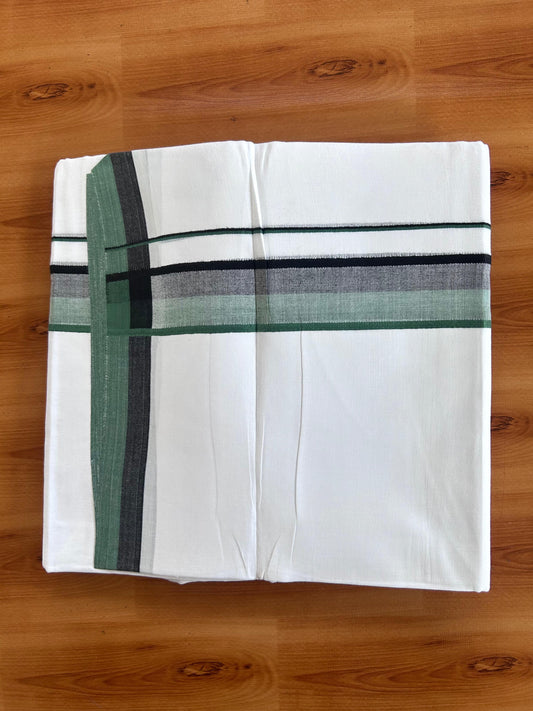 Double Pure White Mundu/Dhoti - 20% Discount !! KaithariKada 100% Cotton - (60S) - 1.5 inch Green & Black Shaded Kara 3.75 mtr (8 muzham) - 4 KK5506 CKS
