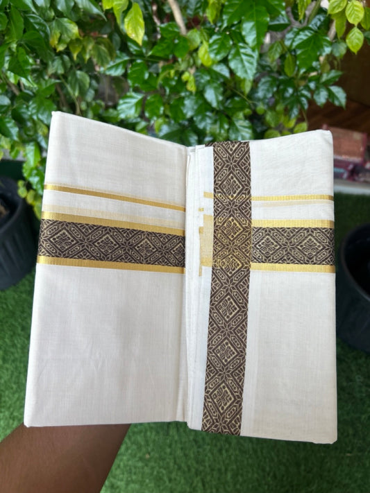 25% DISCOUNT ! KaithariKada HANDLOOM Unakkupaav Balaramapuram - 100% PURE Cotton OFF WHITE - (Unbleached) Double Mundu/Dhoti - 80x90 - 1.5 inch Gold Kasavu & Dark brown  Jacquard Design Kara 4 mtr (8.5 Muzham) - 3KK5231 ABH