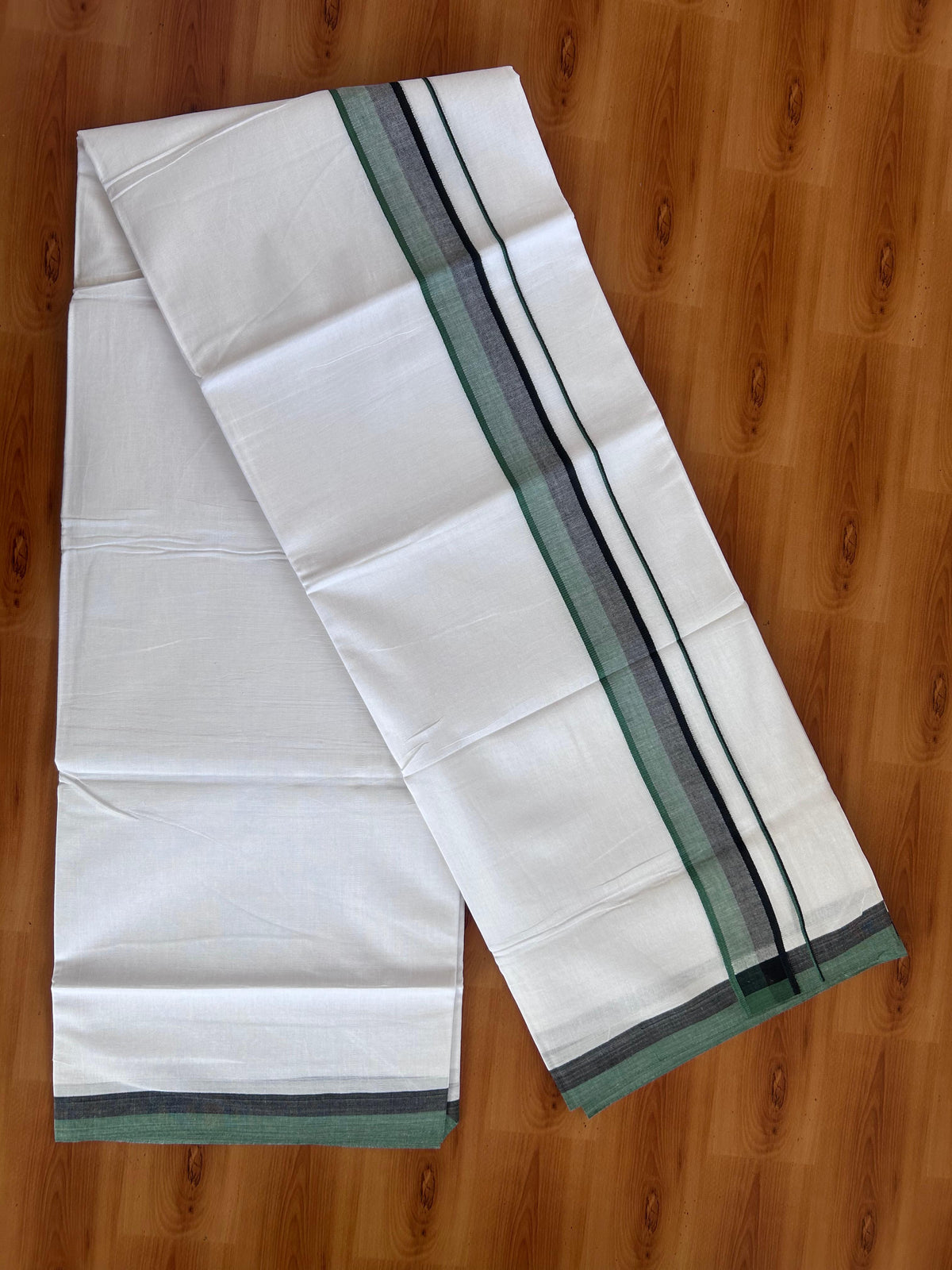 Double Pure White Mundu/Dhoti - 20% Discount !! KaithariKada 100% Cotton - (60S) - 1.5 inch Green & Black Shaded Kara 3.75 mtr (8 muzham) - 4 KK5506 CKS