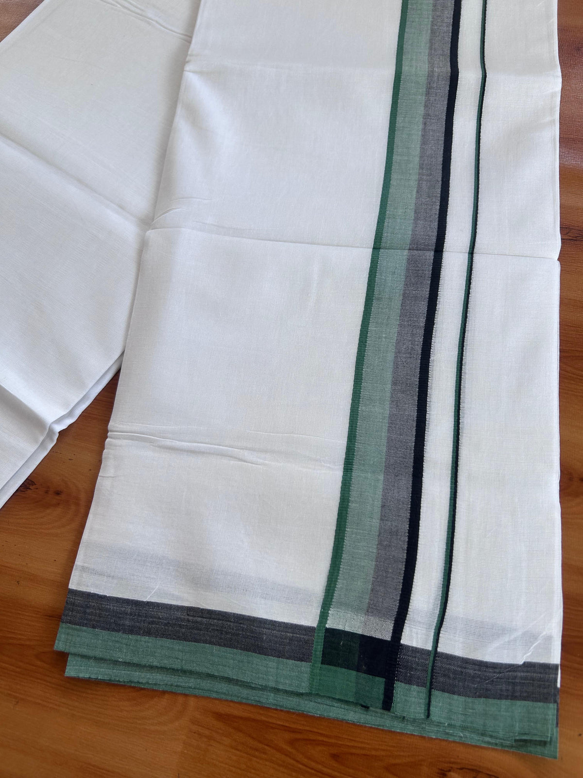 Double Pure White Mundu/Dhoti - 20% Discount !! KaithariKada 100% Cotton - (60S) - 1.5 inch Green & Black Shaded Kara 3.75 mtr (8 muzham) - 4 KK5506 CKS