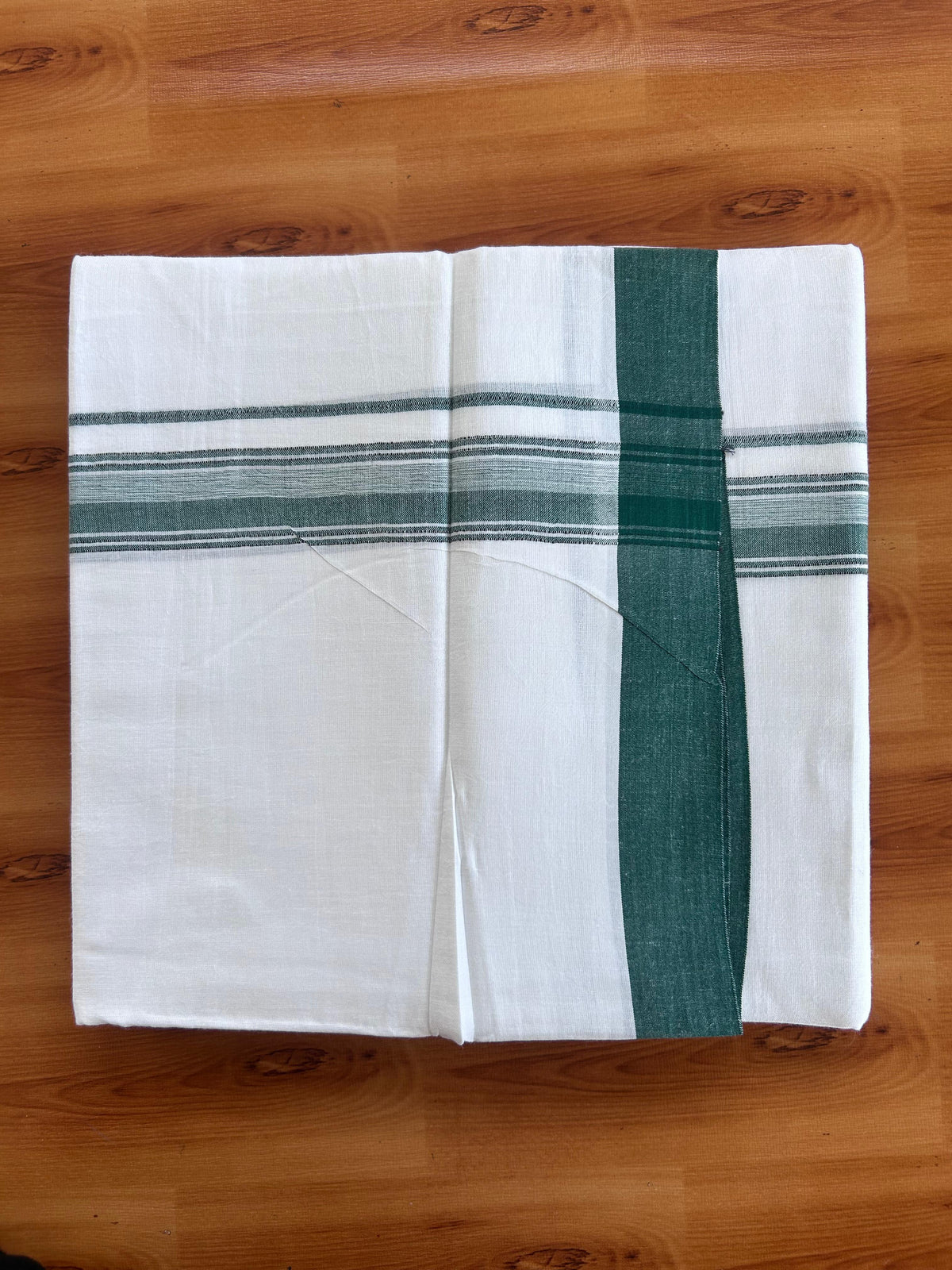 Double Pure White Mundu/Dhoti - 20% Discount !! KaithariKada 100% Cotton - (60S) - 1.25 inch Black & Green Shaded Striped Kara 3.75 mtr (8 muzham) - 17 KK5506 CKS