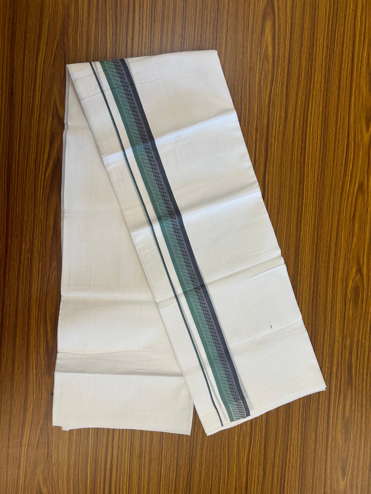 20% Discount ! Kaitharikada Balaramapuram 100% Cotton Pure White Double Mundu/Dothi - 100x80 - 1.5 inch Sea Green & Navy Blue Design Kara 3.80 mtr (8 muzham) - 22 KK5359 THI