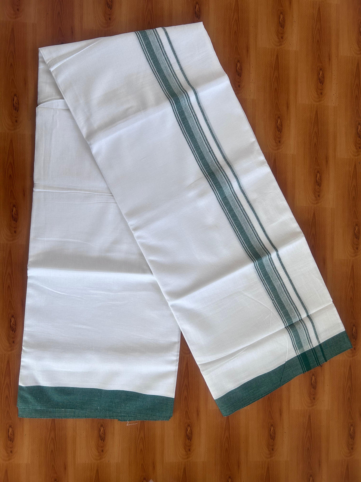 Double Pure White Mundu/Dhoti - 20% Discount !! KaithariKada 100% Cotton - (60S) - 1.25 inch Black & Green Shaded Striped Kara 3.75 mtr (8 muzham) - 17 KK5506 CKS