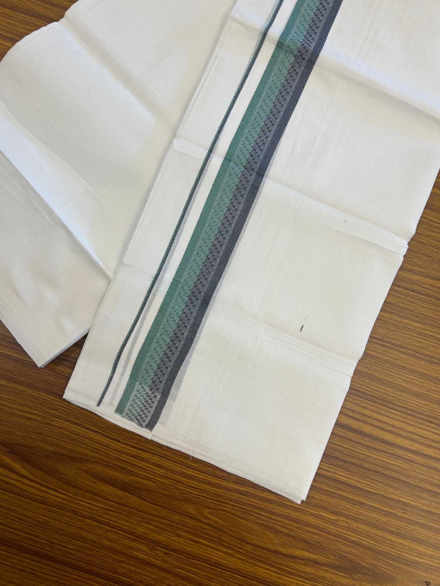 20% Discount ! Kaitharikada Balaramapuram 100% Cotton Pure White Double Mundu/Dothi - 100x80 - 1.5 inch Sea Green & Navy Blue Design Kara 3.80 mtr (8 muzham) - 22 KK5359 THI