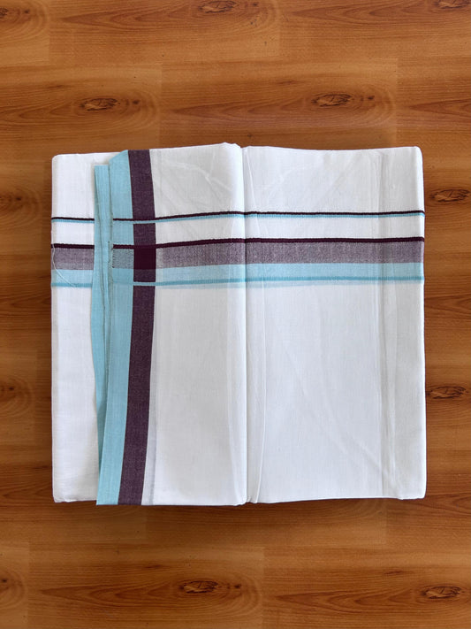 Double Pure White Mundu/Dhoti - 20% Discount !! KaithariKada 100% Cotton - (60S) - 1.25 inch Turquoise Blue & Brown Shaded Kara 3.75 mtr (8 muzham) - 5 KK5506 CKS