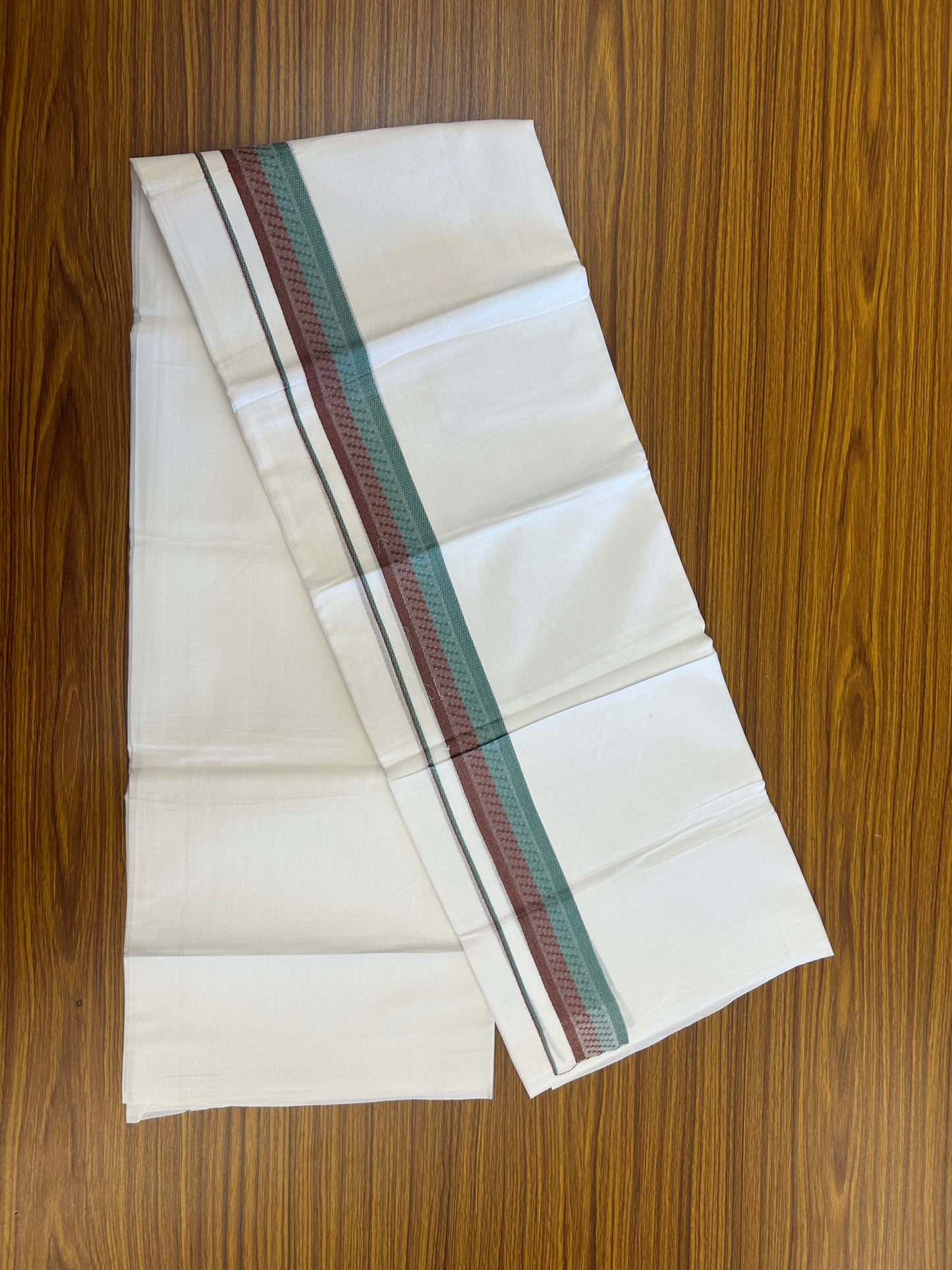 20% Discount ! Kaitharikada Balaramapuram 100% Cotton Pure White Double Mundu/Dothi - 100x80 - 1.5 inch Deep Brown & Sea Green Design Kara 3.80 mtr (8 muzham) - 20 KK5359 THI