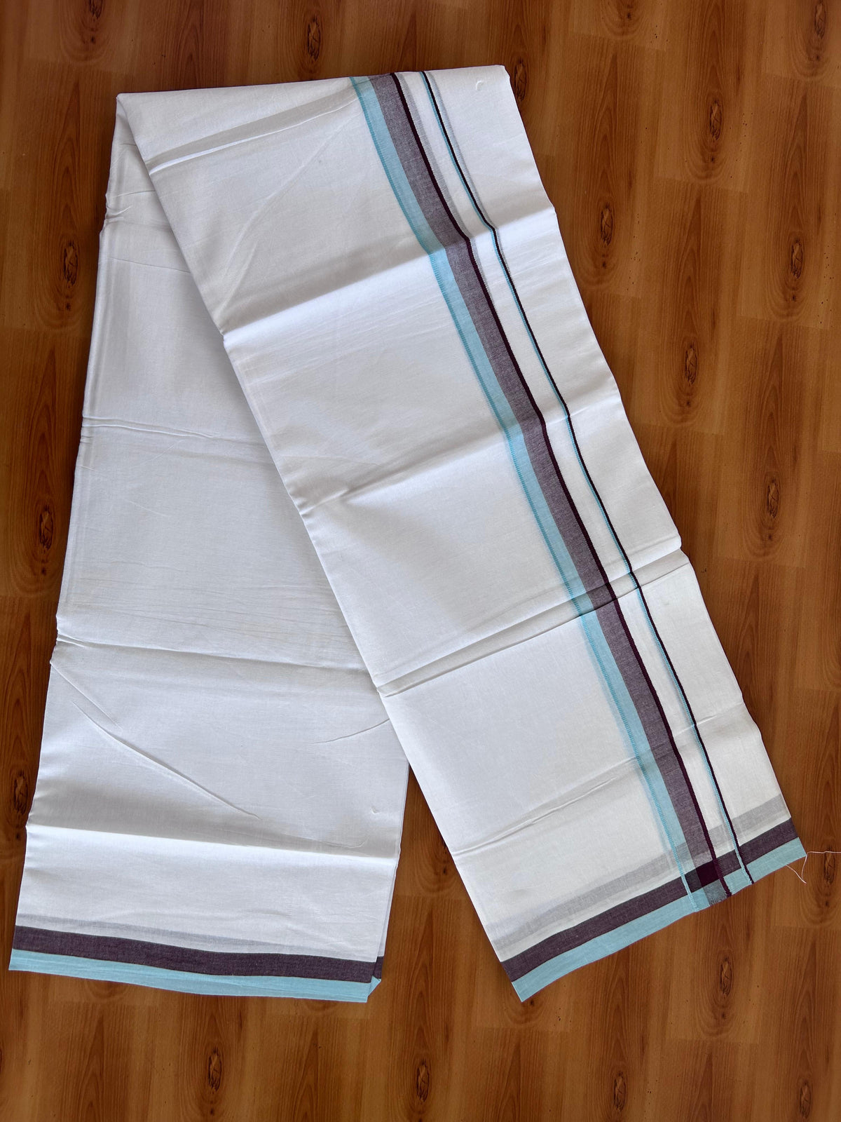 Double Pure White Mundu/Dhoti - 20% Discount !! KaithariKada 100% Cotton - (60S) - 1.25 inch Turquoise Blue & Brown Shaded Kara 3.75 mtr (8 muzham) - 5 KK5506 CKS
