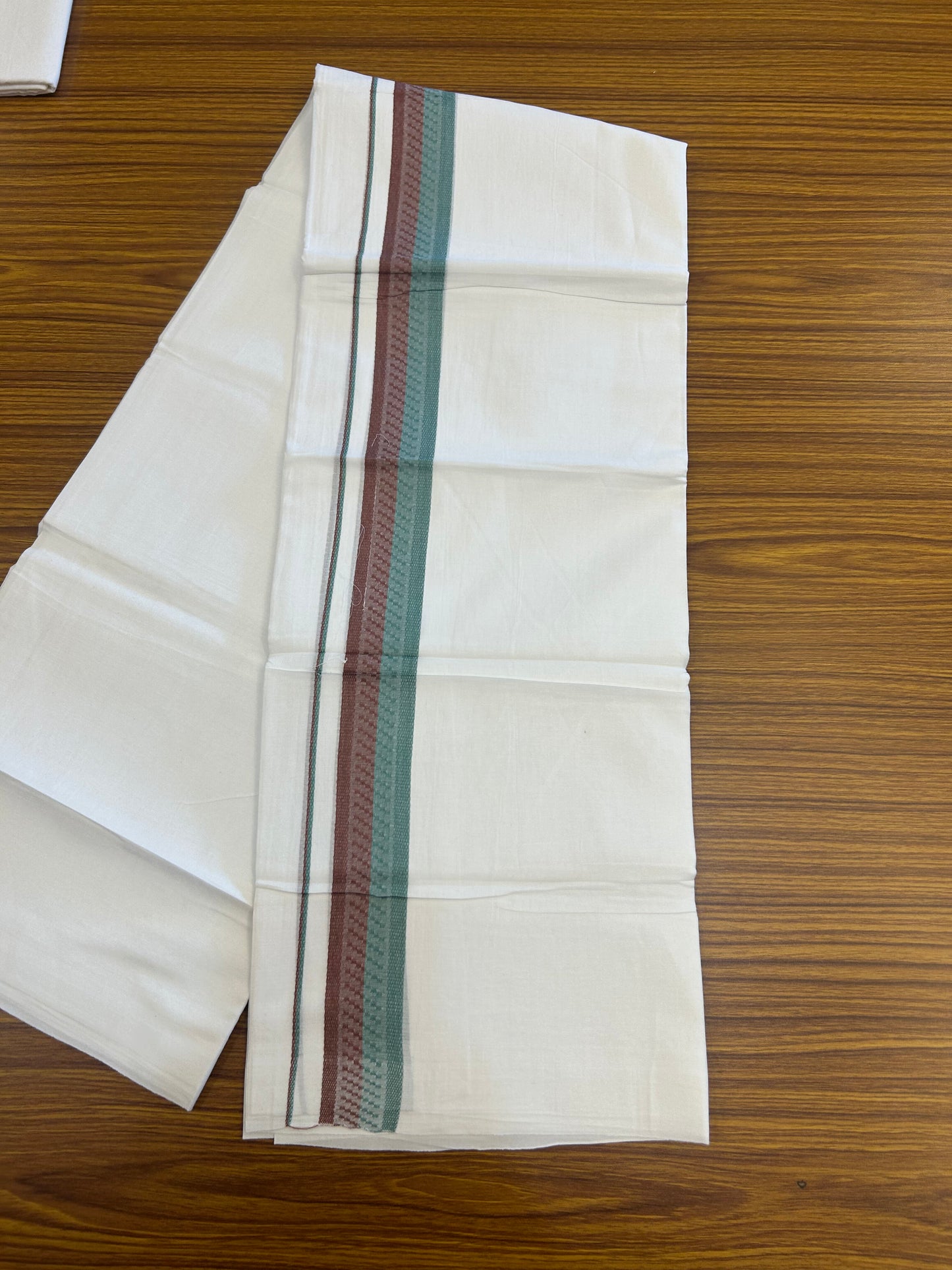 20% Discount ! Kaitharikada Balaramapuram 100% Cotton Pure White Double Mundu/Dothi - 100x80 - 1.5 inch Deep Brown & Sea Green Design Kara 3.80 mtr (8 muzham) - 20 KK5359 THI