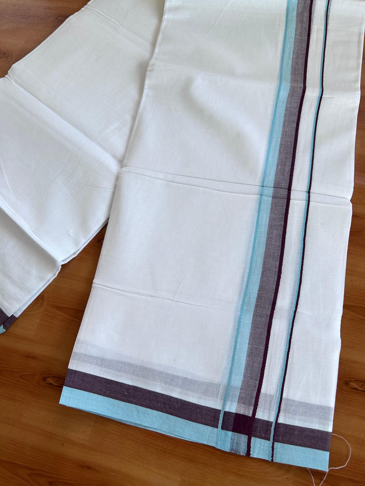 Double Pure White Mundu/Dhoti - 20% Discount !! KaithariKada 100% Cotton - (60S) - 1.25 inch Turquoise Blue & Brown Shaded Kara 3.75 mtr (8 muzham) - 5 KK5506 CKS