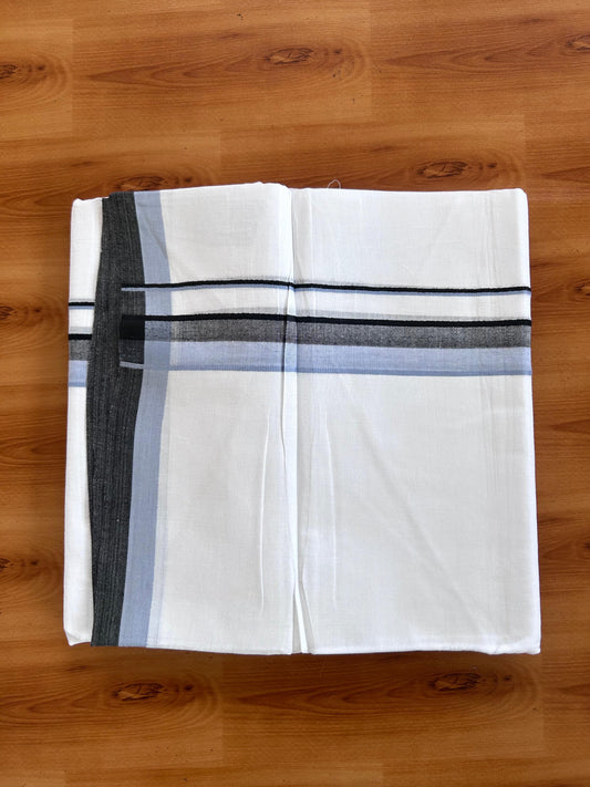 Double Pure White Mundu/Dhoti - 20% Discount !! KaithariKada 100% Cotton - (60S) - 1.25 inch Light Blue & Black Shaded Kara 3.75 mtr (8 muzham) - 7 KK5506 CKS