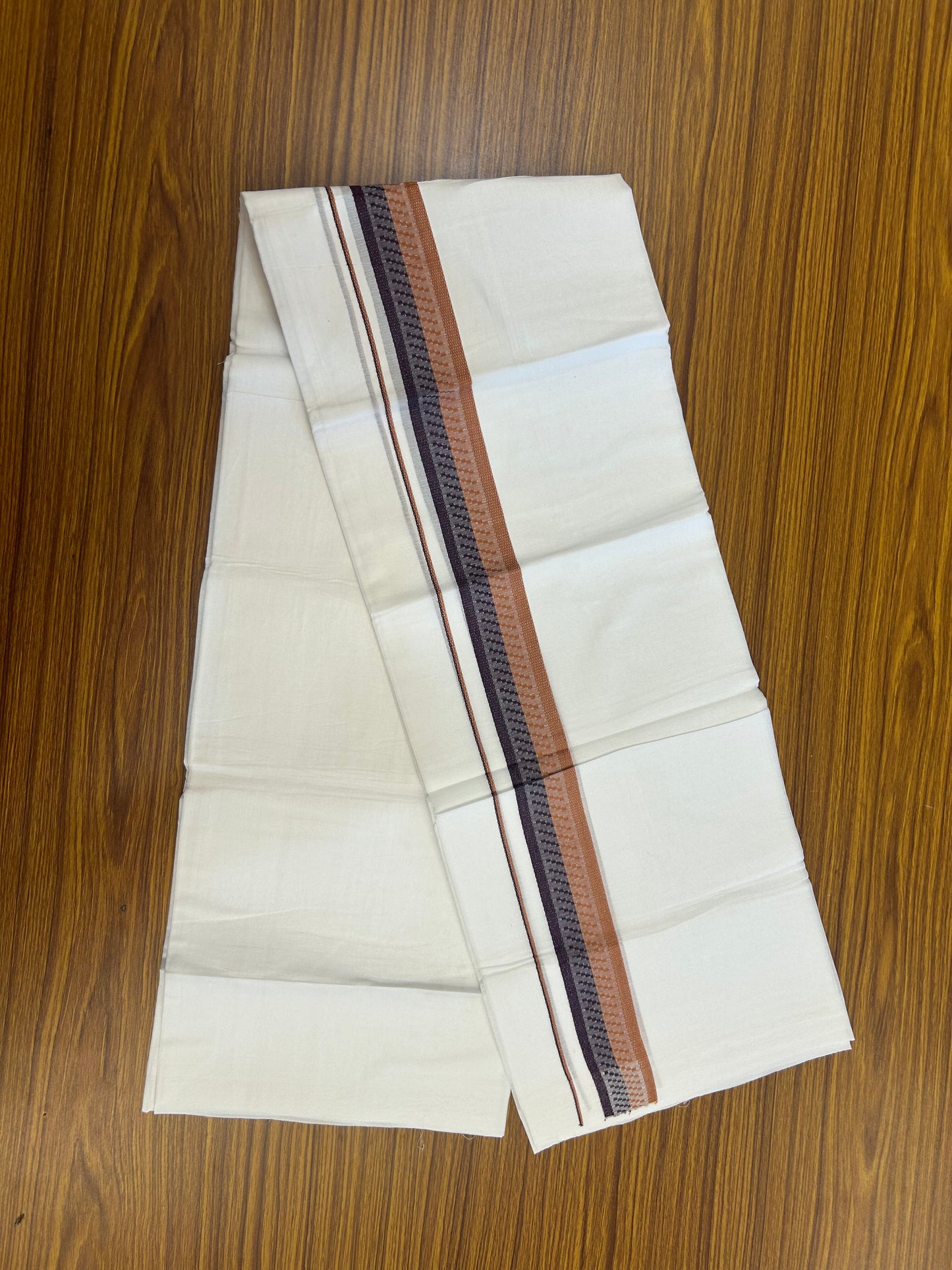 20% Discount ! Kaitharikada Balaramapuram 100% Cotton Pure White Double Mundu/Dothi - 100x80 - 1.5 inch Wine Purple & Rust Orange Design Kara 3.80 mtr (8 muzham) - 25 KK5359 THI