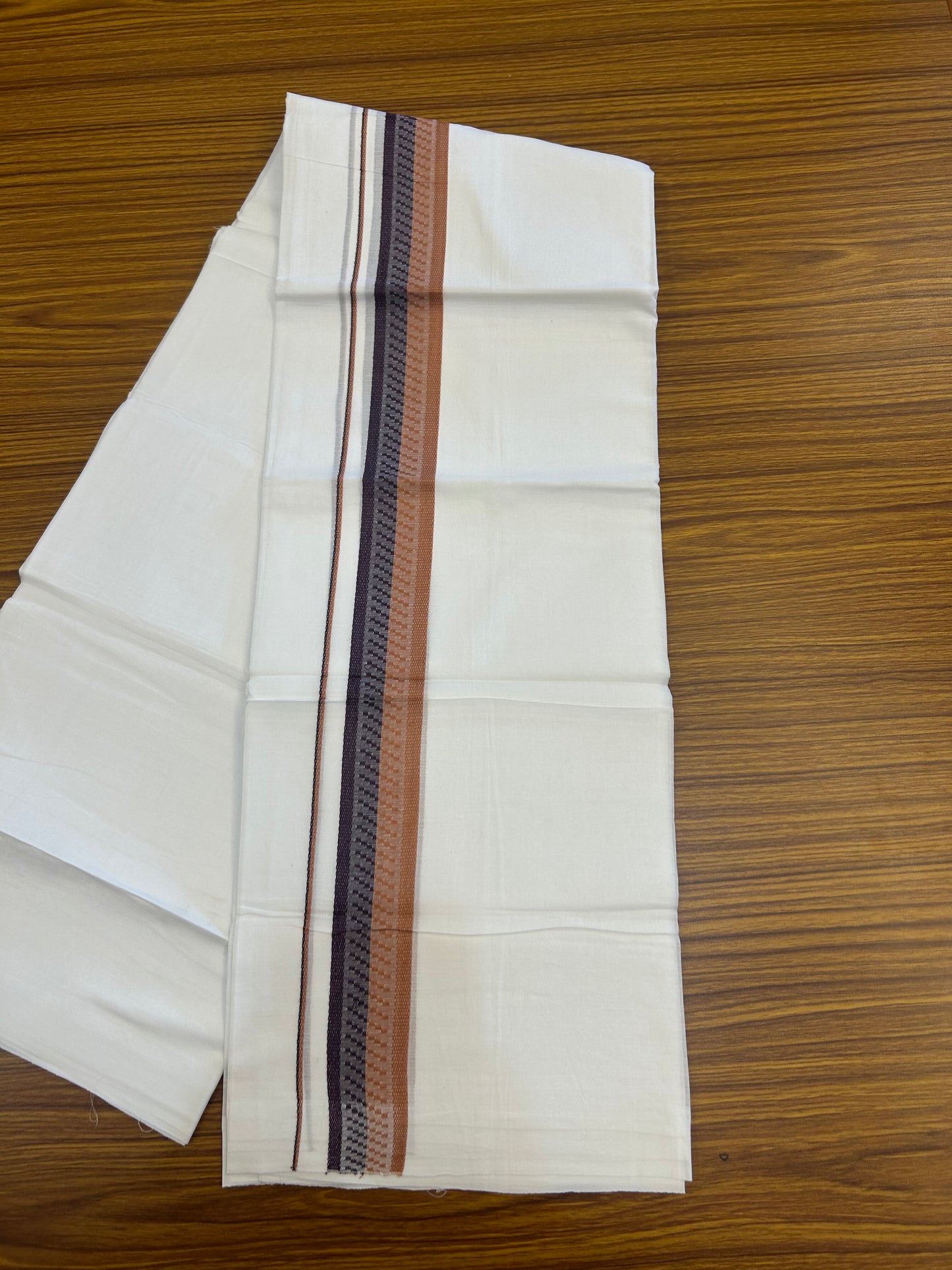 20% Discount ! Kaitharikada Balaramapuram 100% Cotton Pure White Double Mundu/Dothi - 100x80 - 1.5 inch Wine Purple & Rust Orange Design Kara 3.80 mtr (8 muzham) - 25 KK5359 THI