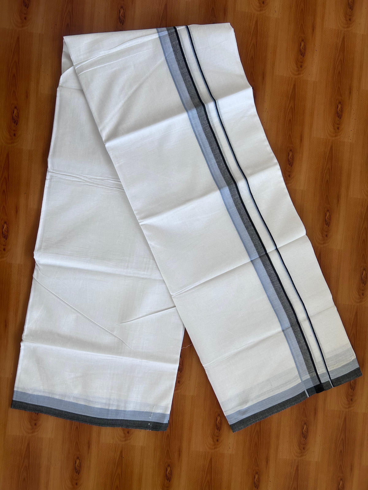 Double Pure White Mundu/Dhoti - 20% Discount !! KaithariKada 100% Cotton - (60S) - 1.25 inch Light Blue & Black Shaded Kara 3.75 mtr (8 muzham) - 7 KK5506 CKS
