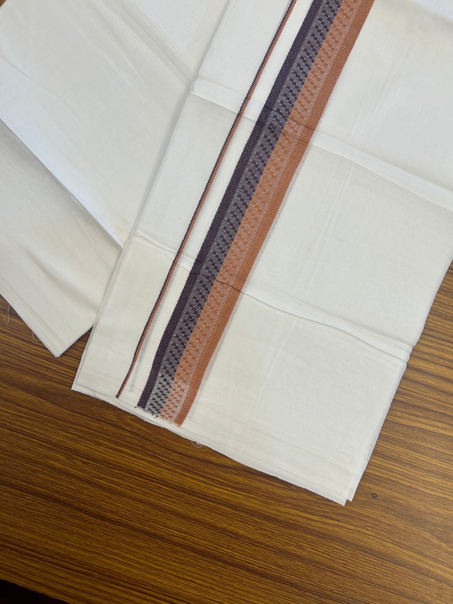 20% Discount ! Kaitharikada Balaramapuram 100% Cotton Pure White Double Mundu/Dothi - 100x80 - 1.5 inch Wine Purple & Rust Orange Design Kara 3.80 mtr (8 muzham) - 25 KK5359 THI