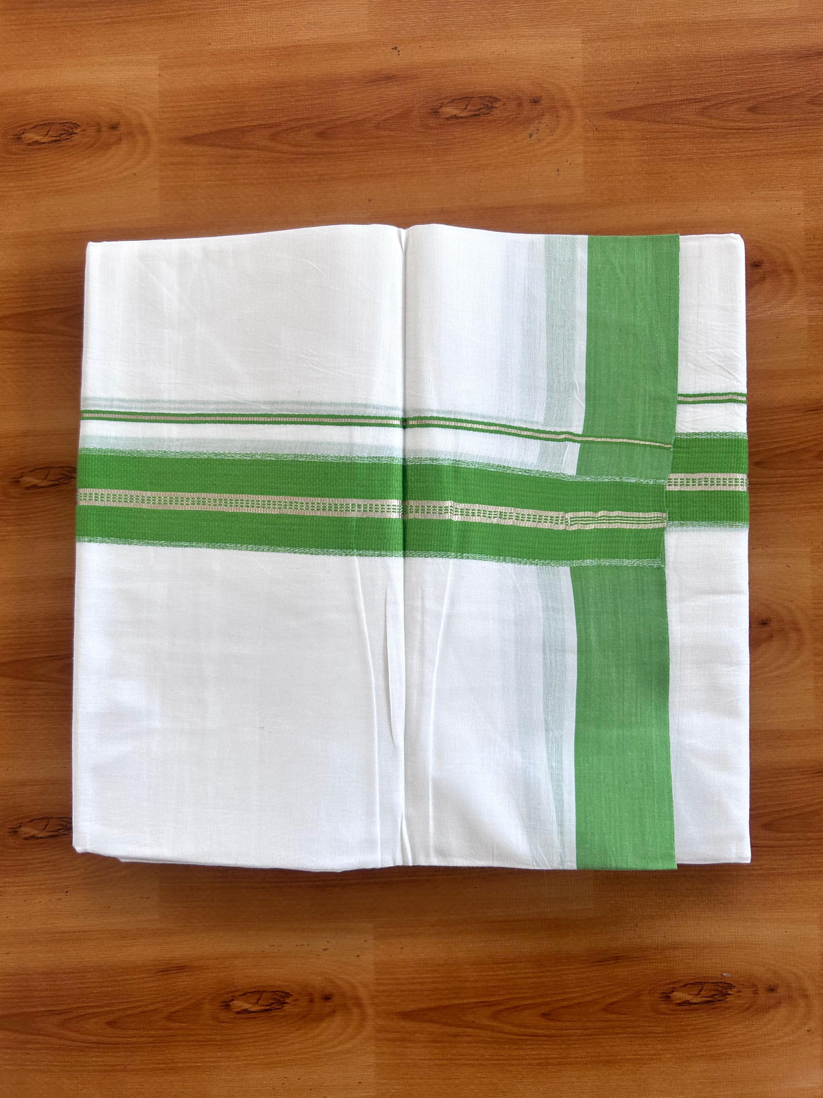 Double Pure White Mundu/Dhoti - 20% Discount !! KaithariKada 100% Cotton - (60S) - 1.5 inch Silver Kasav & Parrot Green Shaded Kara 3.90 mtr (8 muzham) - 19 KK5506 CKS