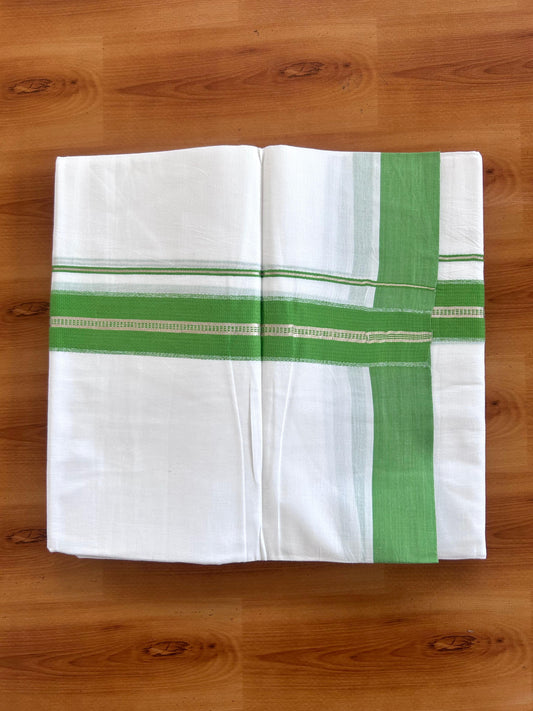 Double Pure White Mundu/Dhoti - 20% Discount !! KaithariKada 100% Cotton - (60S) - 1.5 inch Silver Kasav & Parrot Green Shaded Kara 3.90 mtr (8 muzham) - 19 KK5506 CKS