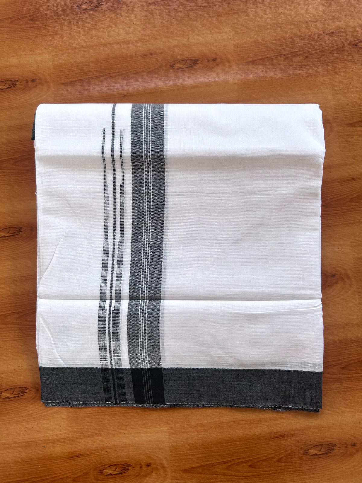 Double Pure White Mundu/Dhoti - 20% Discount !! KaithariKada 100% Cotton - (60S) - 1 inch Puliyilakkara Black Shaded Striped Chutty Kara 3.75 mtr (8 muzham) - 20 KK5506 CKS