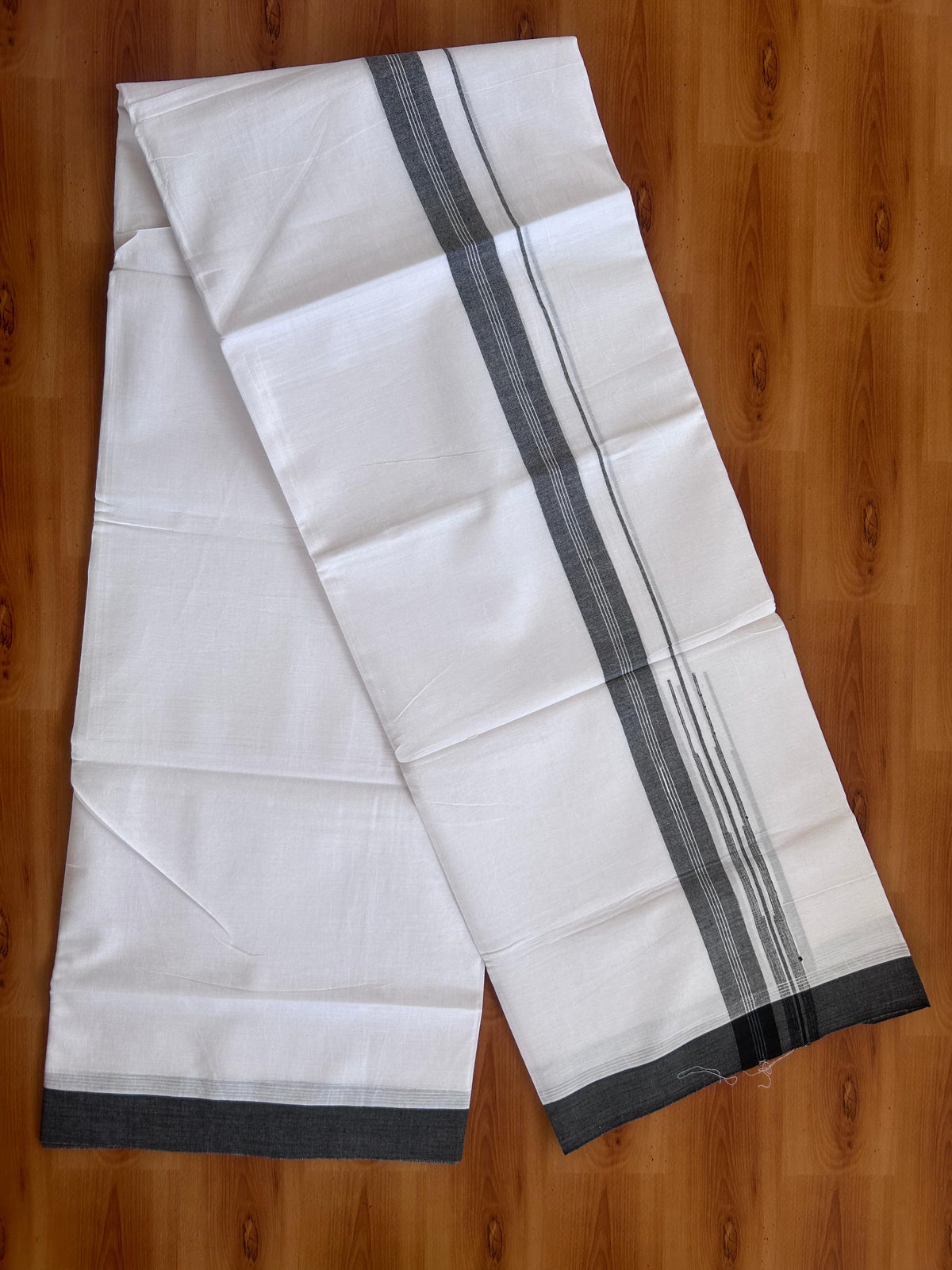 Double Pure White Mundu/Dhoti - 20% Discount !! KaithariKada 100% Cotton - (60S) - 1 inch Puliyilakkara Black Shaded Striped Chutty Kara 3.75 mtr (8 muzham) - 20 KK5506 CKS