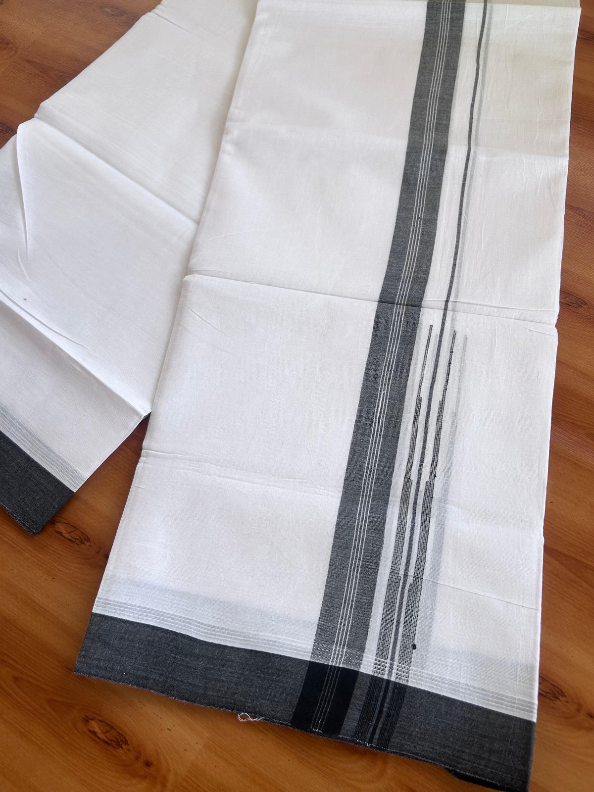 Double Pure White Mundu/Dhoti - 20% Discount !! KaithariKada 100% Cotton - (60S) - 1 inch Puliyilakkara Black Shaded Striped Chutty Kara 3.75 mtr (8 muzham) - 20 KK5506 CKS